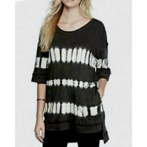 FREE PEOPLE Tie Dye Tunic Sweater Mini Dress XS Gray Black Waffle Knit Boho Chic